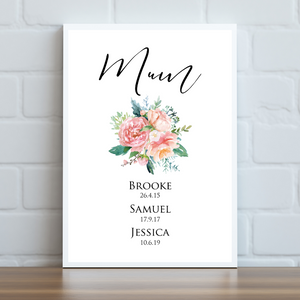 Mother's Day Personalised Print - Floral Children's Names