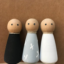 Load image into Gallery viewer, Black, White and Grey set of 3 Peg Dolls
