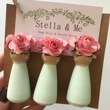 Load image into Gallery viewer, Mint Green set of 3 Floral Peg Dolls

