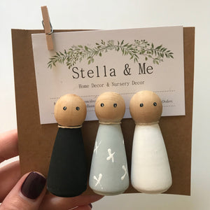 Black, White and Grey set of 3 Peg Dolls